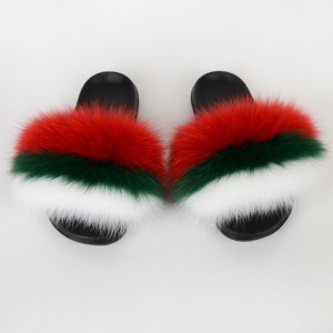 Bulgaria Flag Women Fluffy Real Fox Fur Slippers Slides Sandals