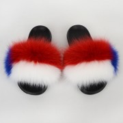 Chile Flag Women Fluffy Real Fox Fur Slippers Slides Sandal