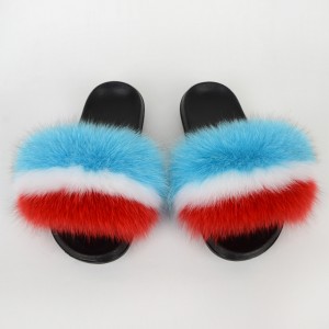 Women Fluffy Real Fox Fur Slippers with Netherlands Flag
