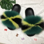 Jamaica Flag Women Fluffy Real Fox Fur Slippers Slides Sandals