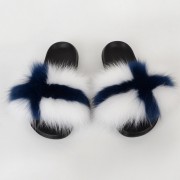 Finnland Flag Women Fluffy Real Fox Fur Slippers Slides Sandals