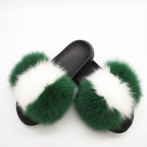 Women Fluffy Real Fox Fur Slippers with Nigeria Flag Pattern Indoor Outdoor