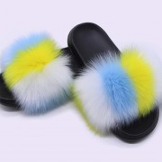 Ukraine Flag Women Fluffy Real Fox Fur Slippers Slides Sandals