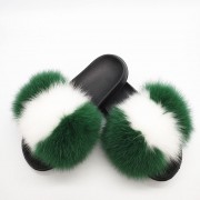 Women Fluffy Real Fox Fur Slippers with Nigeria Flag Pattern Indoor Outdoor