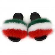 Italy Flag Women Fluffy Real Fox Fur Slippers Slides Sandals