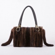 Real Mink Fur+Genuine Leather Women Shoulder Bag Tote Warm Handbags for Girls Ladies
