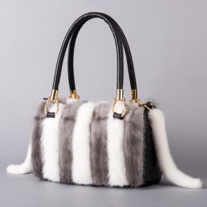 Real Mink Fur+Genuine Leather Women Shoulder Bag Tote Warm Handbags for Girls Ladies