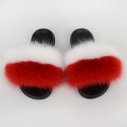 White Red Women Fluffy Slides Real Fox Fur Slippers Poland Flag Pattern